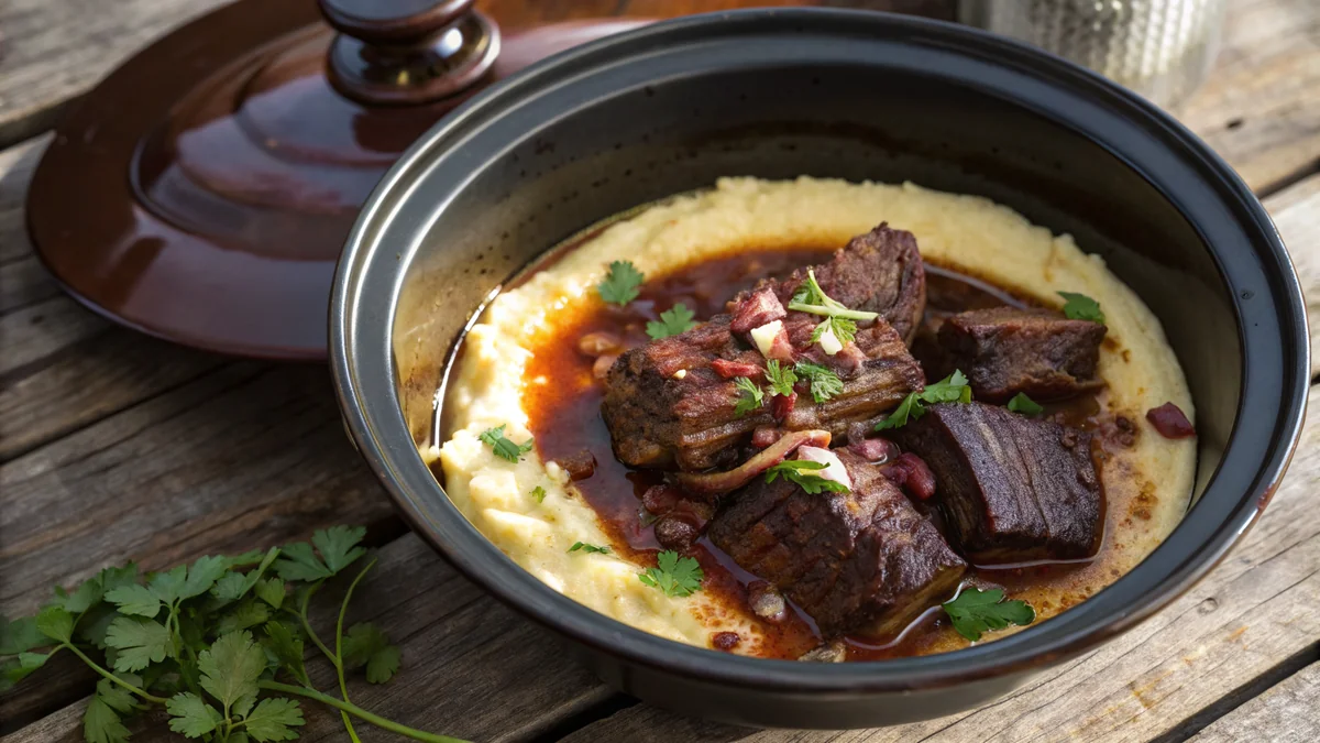 Boneless beef short ribs falling apart tender in a slow cooker crock with dark red braising liquid, onions and herbs floating, deep mahogany color from coffee paprika rub, served over creamy polenta with fresh parsley garnish, rustic wood table