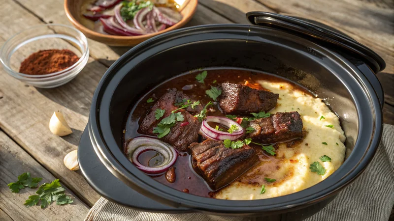 Close-up of fork tender boneless beef short ribs being lifted from the slow cooker, the meat shredding under the fork pressure, dark amber braising liquid clinging, fresh thyme garnish