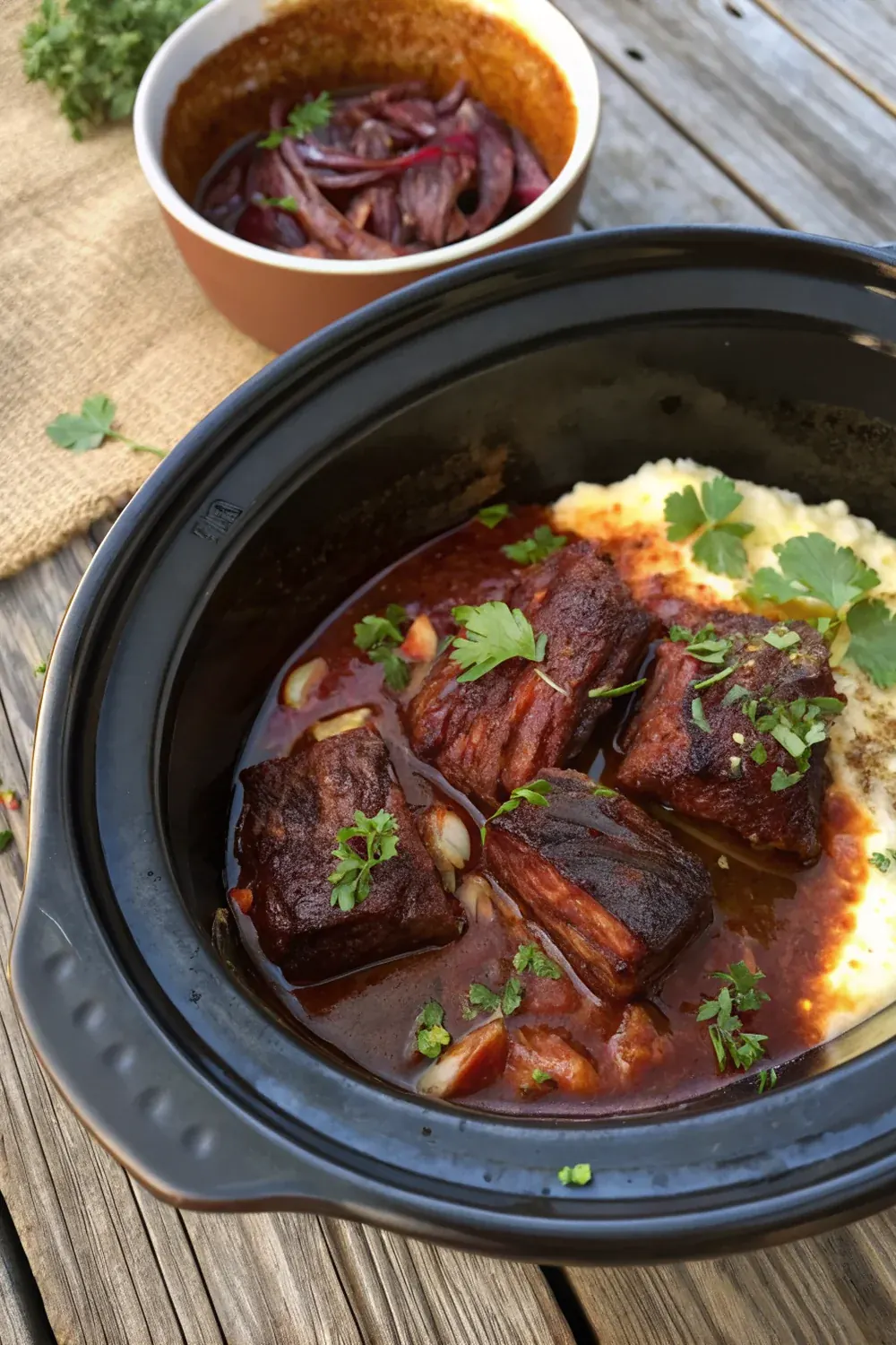 Vertical view of a serving spoon scooping fall-apart boneless beef short ribs from the slow cooker, deep mahogany sauce dripping, parsley garnish, weeknight Texas dinner