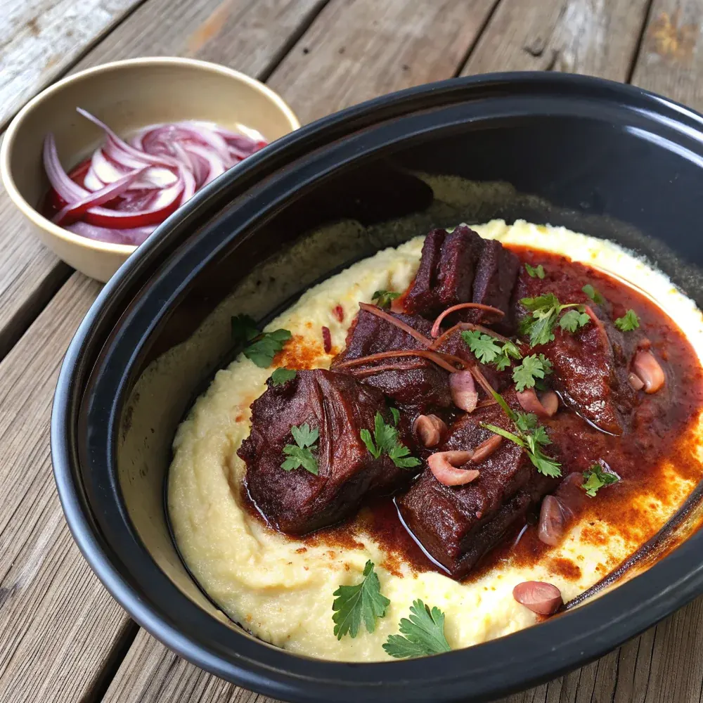 Overhead view of a slow cooker crock filled with braised boneless beef short ribs, surrounded by serving bowls of polenta, mashed potatoes, and warm flour tortillas, family-style Texas table