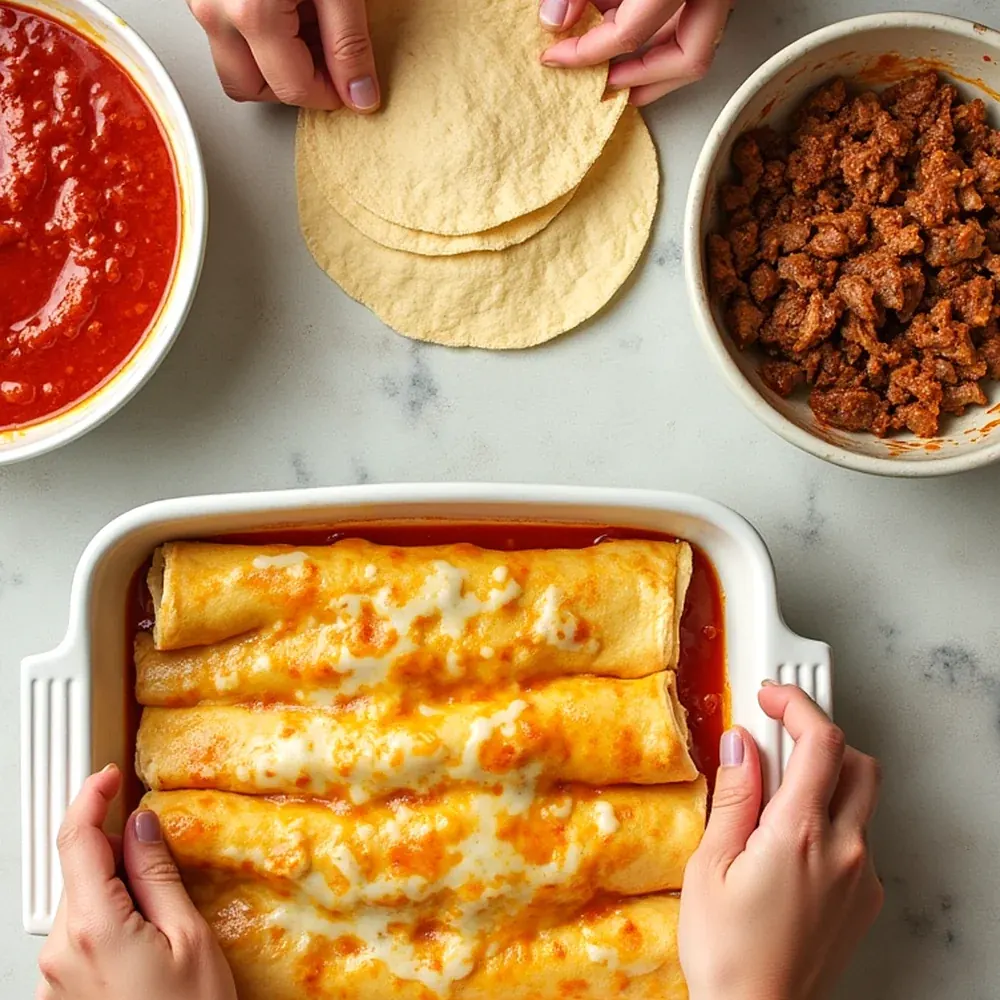 Boulders Enchilada plated for a Texas family table, overhead view