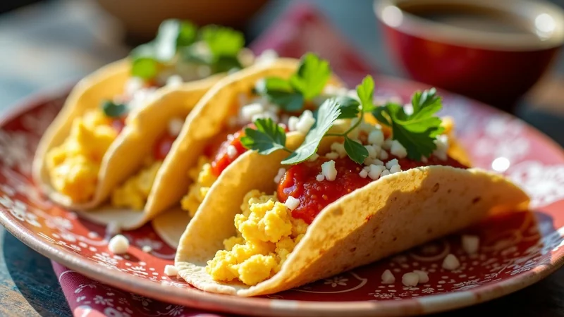 Close-up of a single Austin breakfast taco, half-folded, showing the soft scrambled eggs, queso, salsa, and lime wedge alongside