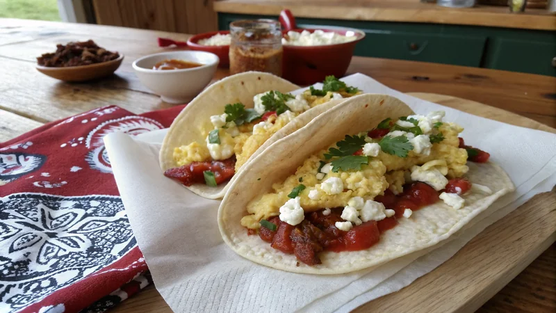 Close-up of a single Austin breakfast taco, half-folded, showing the soft scrambled eggs, queso, salsa, and lime wedge alongside