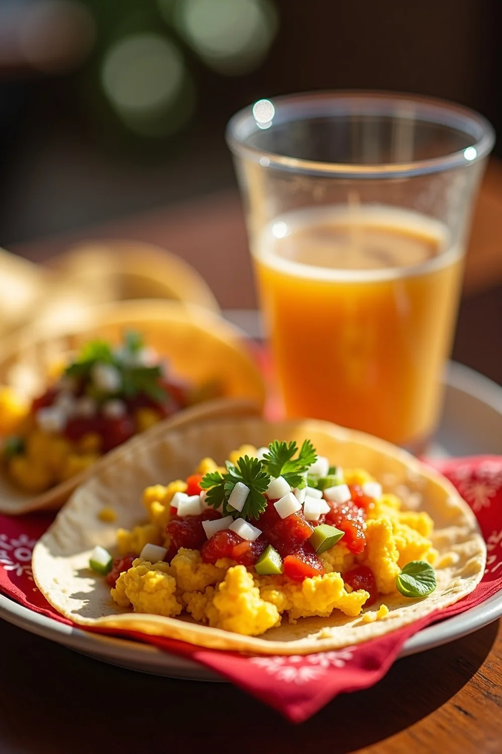Vertical view of an Austin breakfast taco being lifted from the plate, the morning sun catching the eggs and queso, save this Capital of Texas recipe