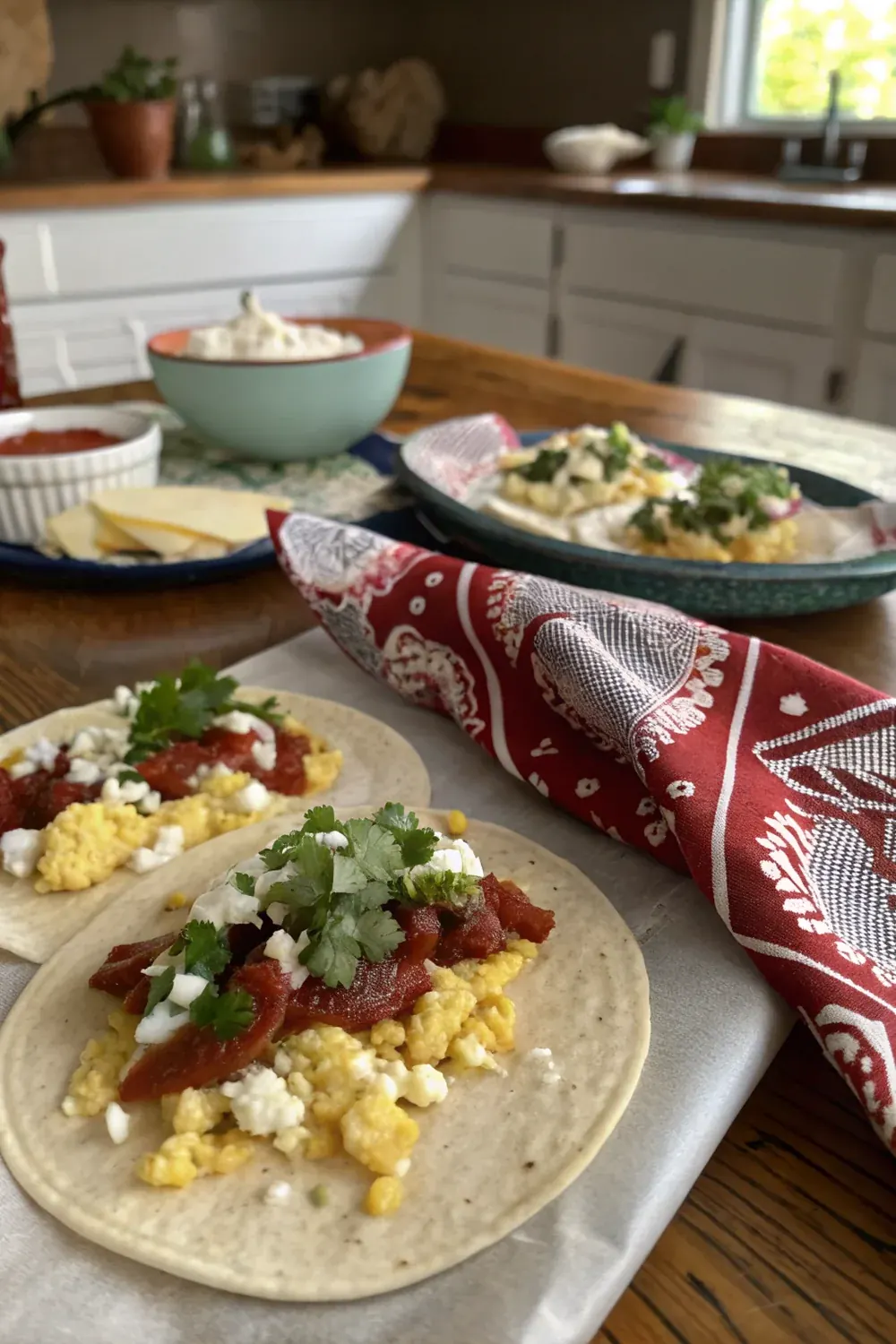 Vertical view of an Austin breakfast taco being lifted from the plate, the morning sun catching the eggs and queso, save this Capital of Texas recipe