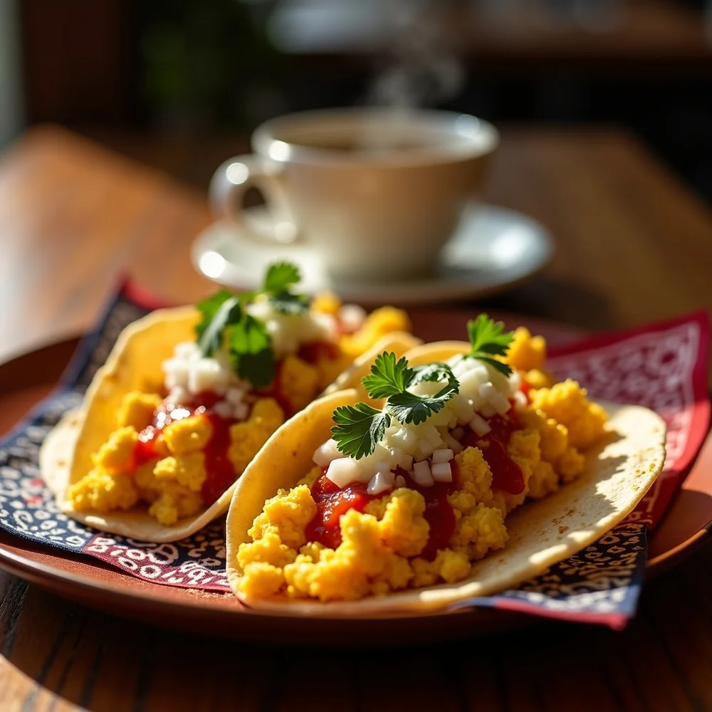 Overhead view of four Austin breakfast tacos arranged on a wood board with hot coffee, salsa bowls, and fresh cilantro