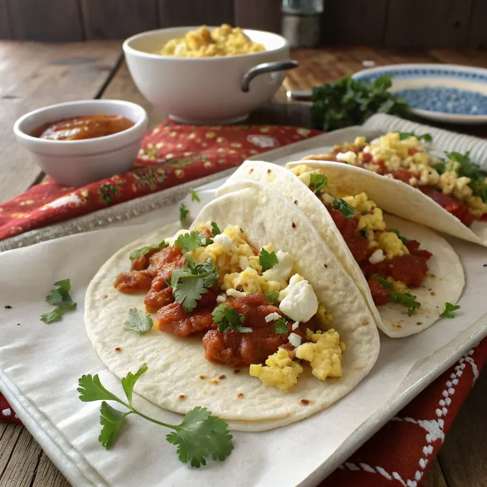 Overhead view of four Austin breakfast tacos arranged on a wood board with hot coffee, salsa bowls, and fresh cilantro