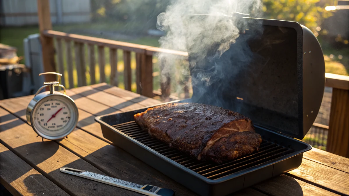 Whole packer brisket with deep mahogany bark smoking on an offset pit, post oak smoke drifting in early morning light