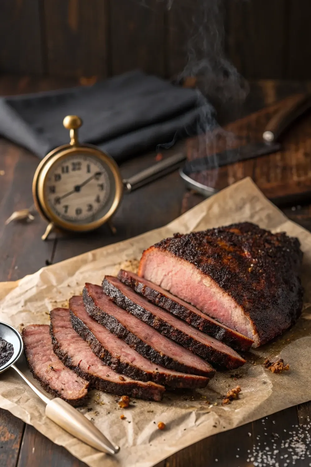 Sliced smoked brisket on butcher paper styled vertically, save this free brisket smoking time calculator
