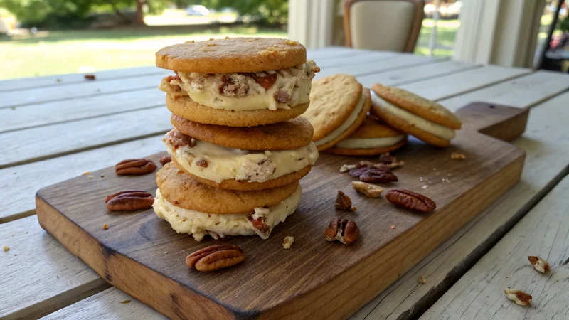 Close-up of a single butter pecan ice cream sandwich being held by hand, ice cream visible between two thick cookies, melting at the edges, pecan-coated rim