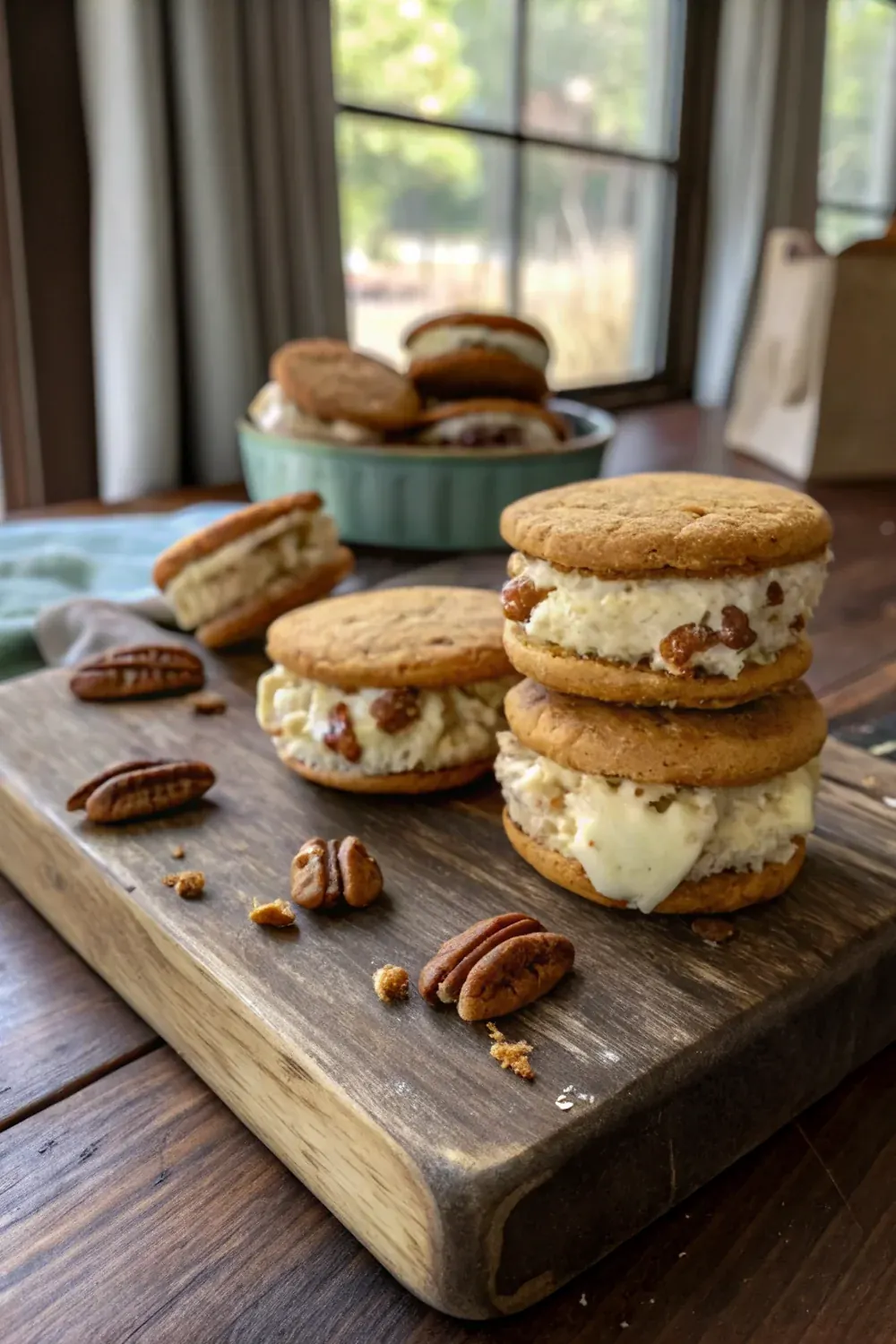 Vertical view of butter pecan ice cream sandwich split open showing the ice cream filling between two cookies, pecans visible, Texas summer aesthetic, dramatic side lighting