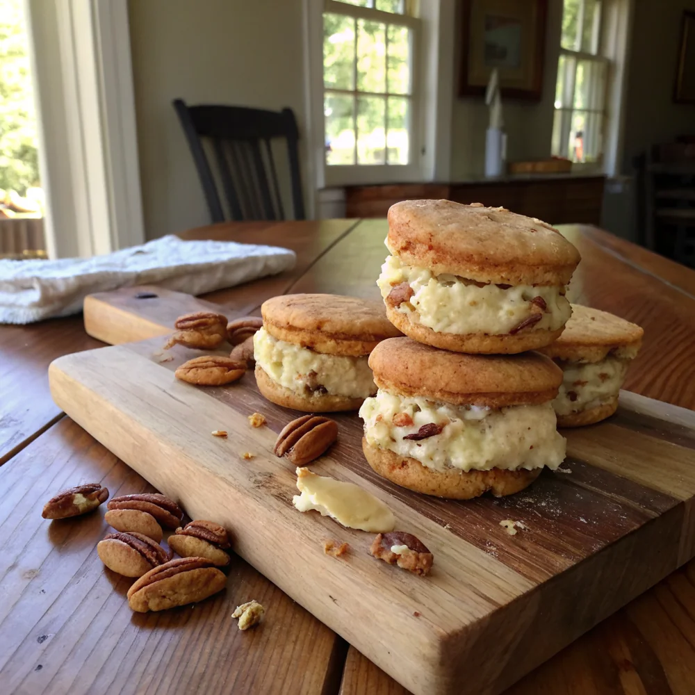 Overhead view of three butter pecan ice cream sandwiches arranged on a wooden tray with extra toasted pecans scattered around, summer porch table