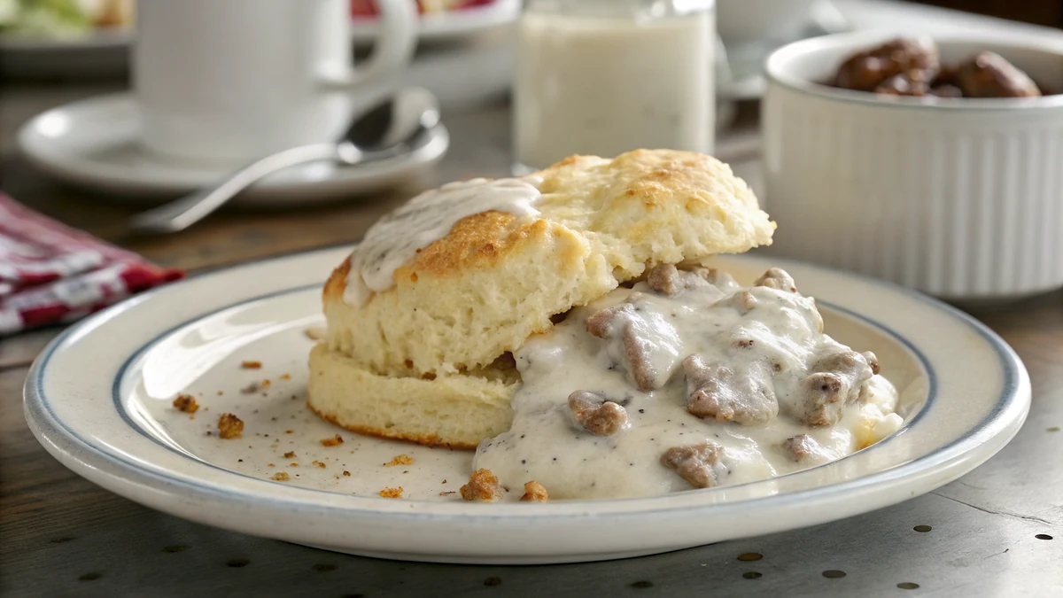 Buttermilk Biscuits and Sausage Gravy recipe by Chef Mia, photographed in a natural light Texas kitchen