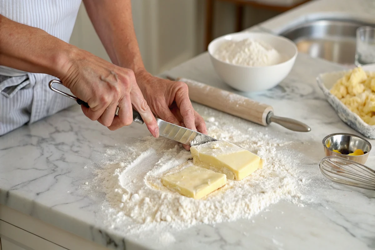 Hands cutting cold butter into flour for biscuit dough with a pastry cutter