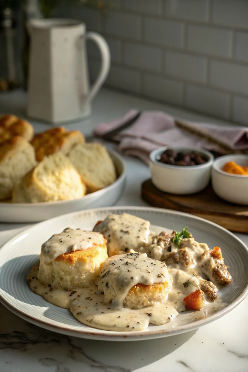 Vertical Pinterest pin of Texas biscuits and gravy breakfast