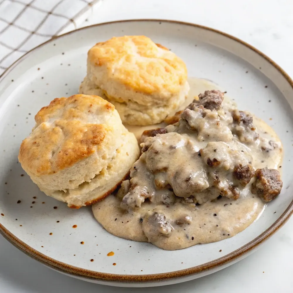 Top-down plate of biscuits and gravy Texas breakfast