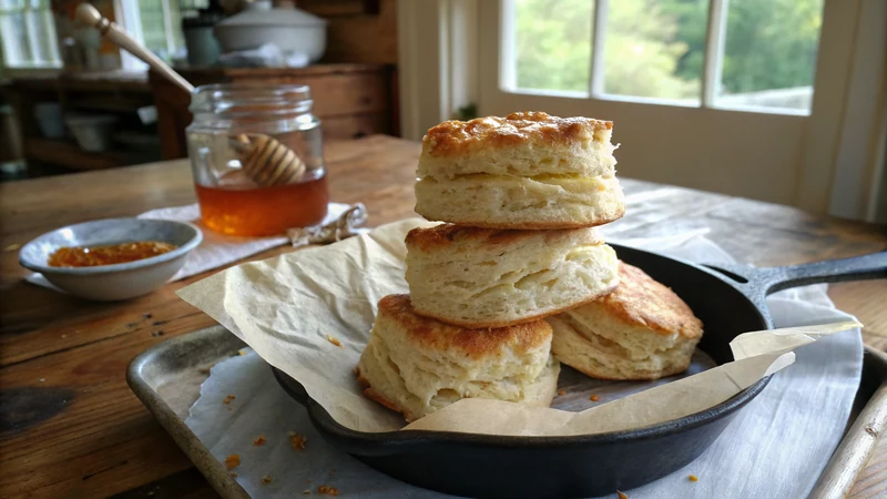Close-up of a split buttermilk biscuit showing visible flaky lamination layers pulling apart, butter and honey on the side