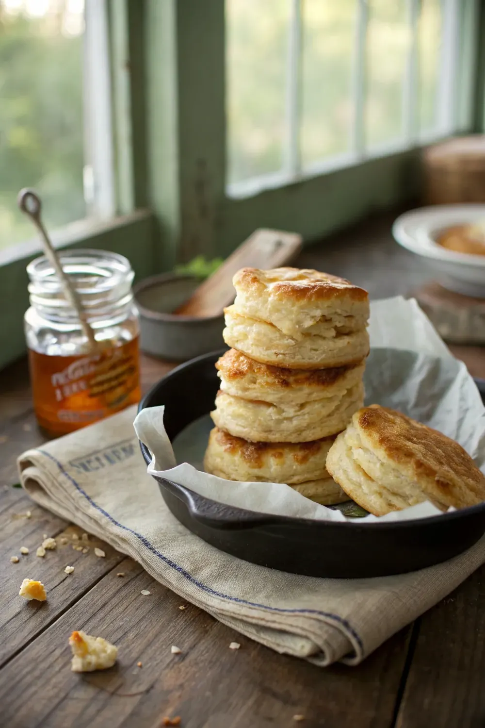 Vertical view of stacked Hill Country buttermilk biscuits with honey drizzle, save this Texas style buttermilk biscuit recipe for Sunday breakfast