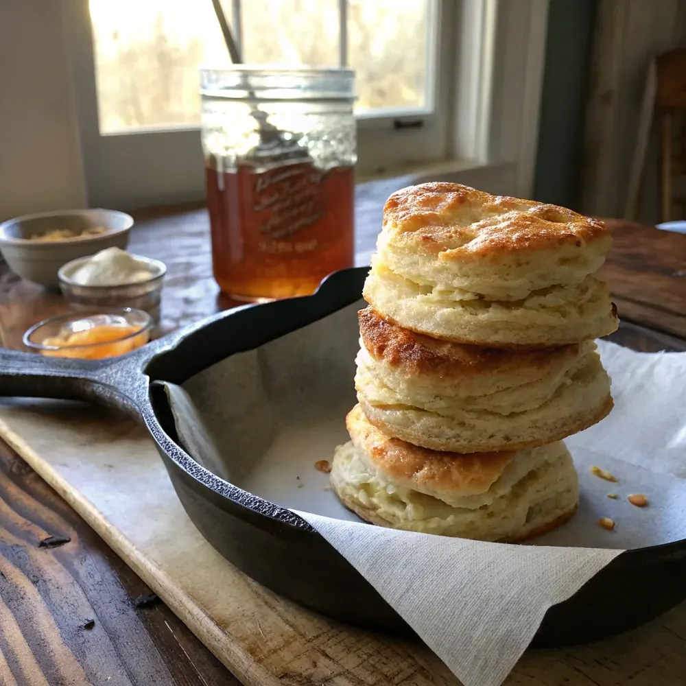 Overhead view of 12 buttermilk biscuits in a cast iron skillet, tops golden brown, brushed with melted butter, on a wood ranch table