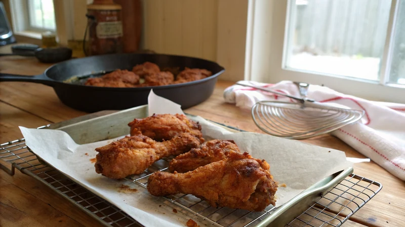 Close-up of a fried chicken thigh broken open, juicy white meat steam rising, crispy seasoned crust with cayenne flecks