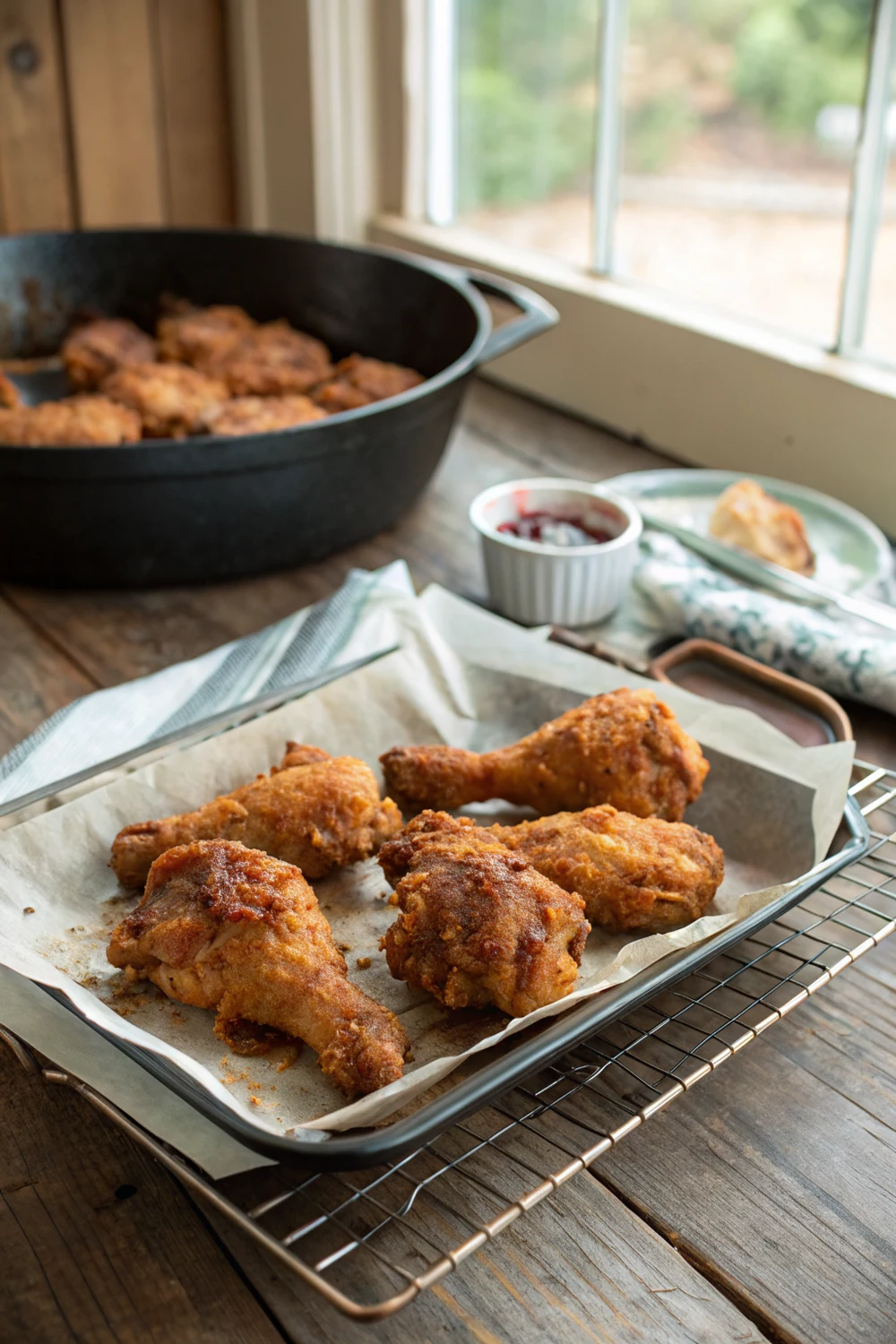 Vertical view of Southern buttermilk fried chicken stacked on a wooden board, save this 24-hour brine cast iron Texas recipe