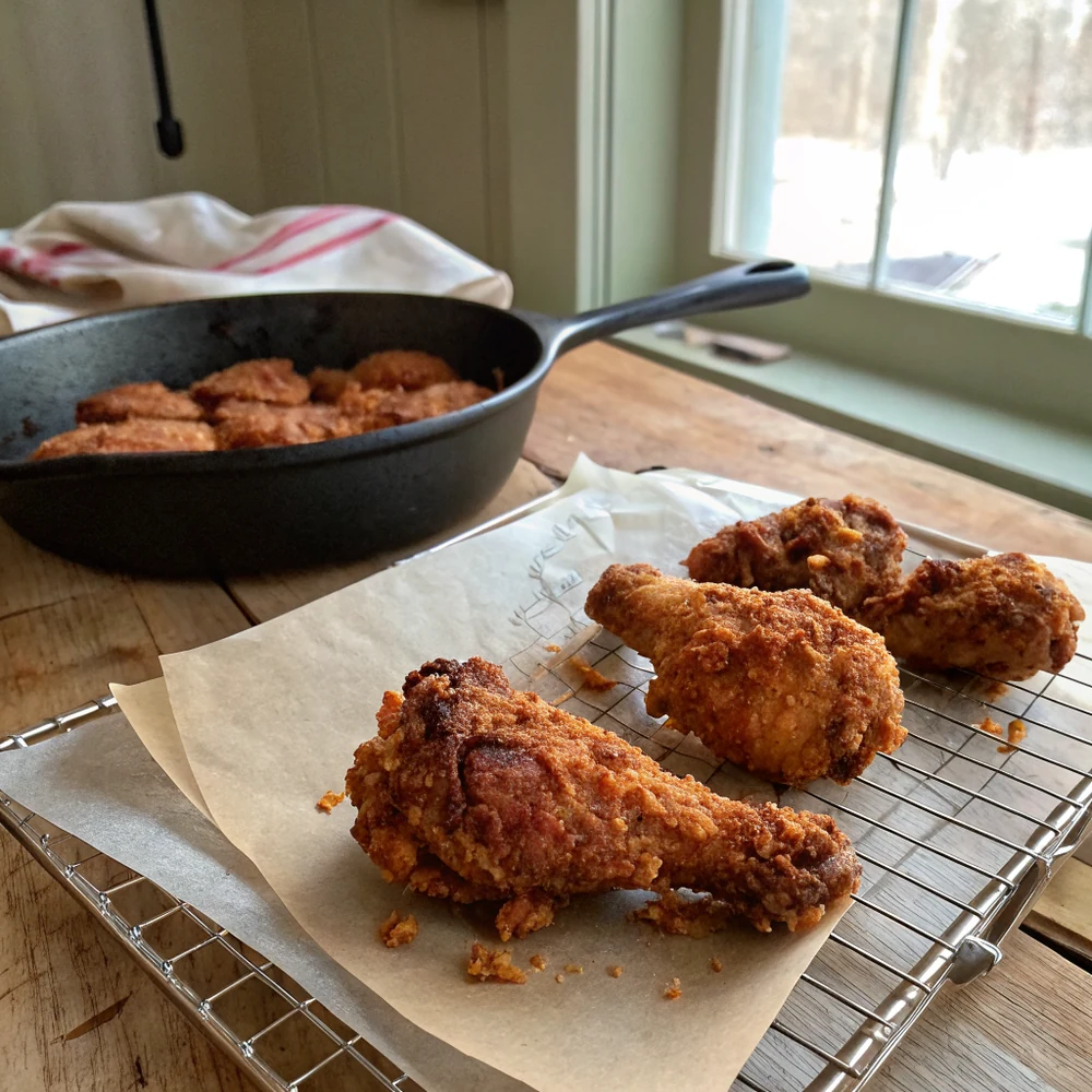 Overhead view of buttermilk fried chicken on a blue and white platter with cornbread and pickled okra on a Hill Country table