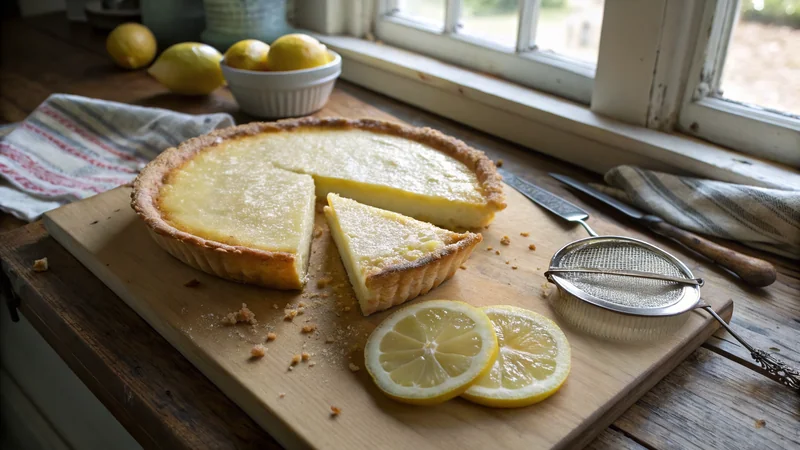 Close-up of a buttermilk pie slice showing the smooth tangy custard, light flour-set, and all-butter crust with visible flake layers