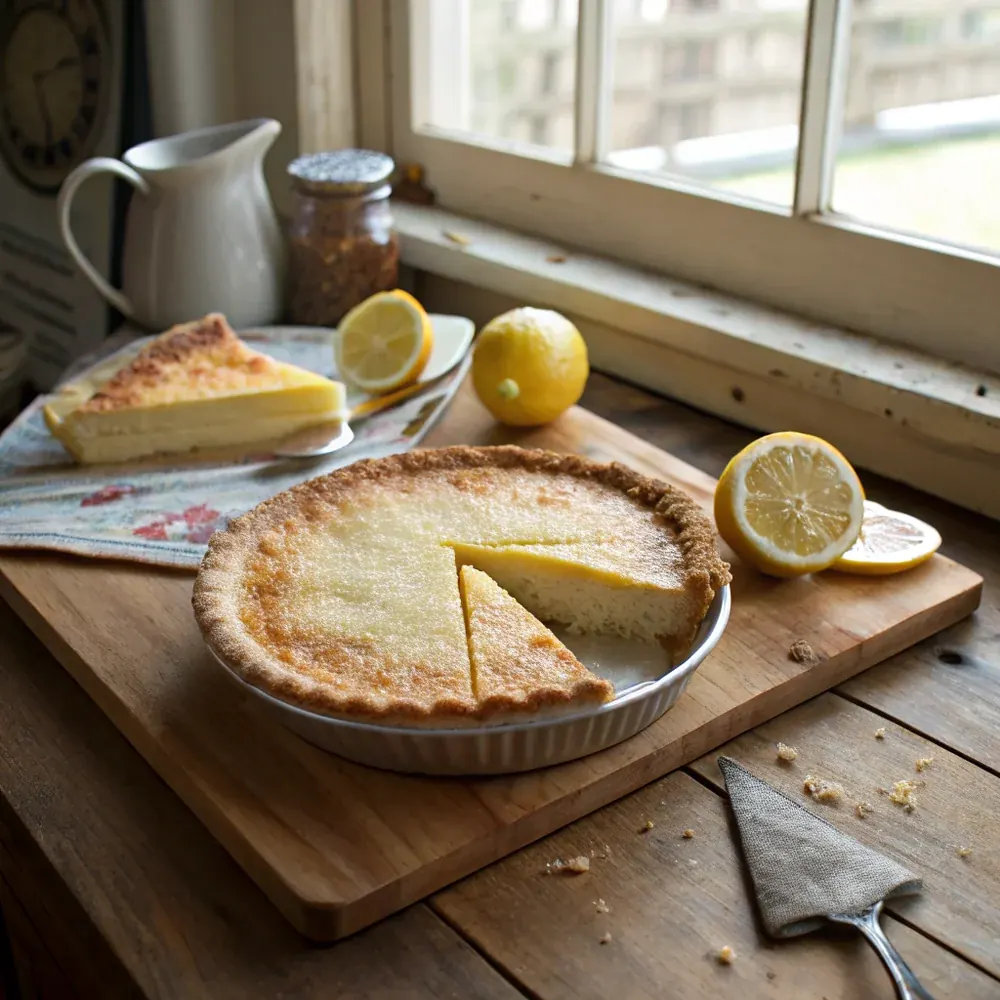 Overhead view of a whole buttermilk pie cooling on a Texas Hill Country wooden table with a bowl of fresh berries on the side