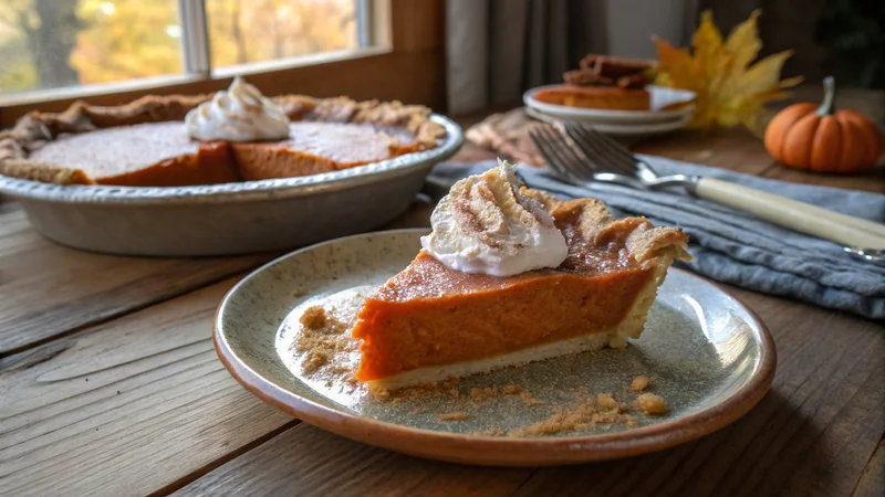 Close-up of a sweet potato pie being sliced with a knife showing the smooth orange custard interior and crisp golden crust, no cracks visible, magazine quality