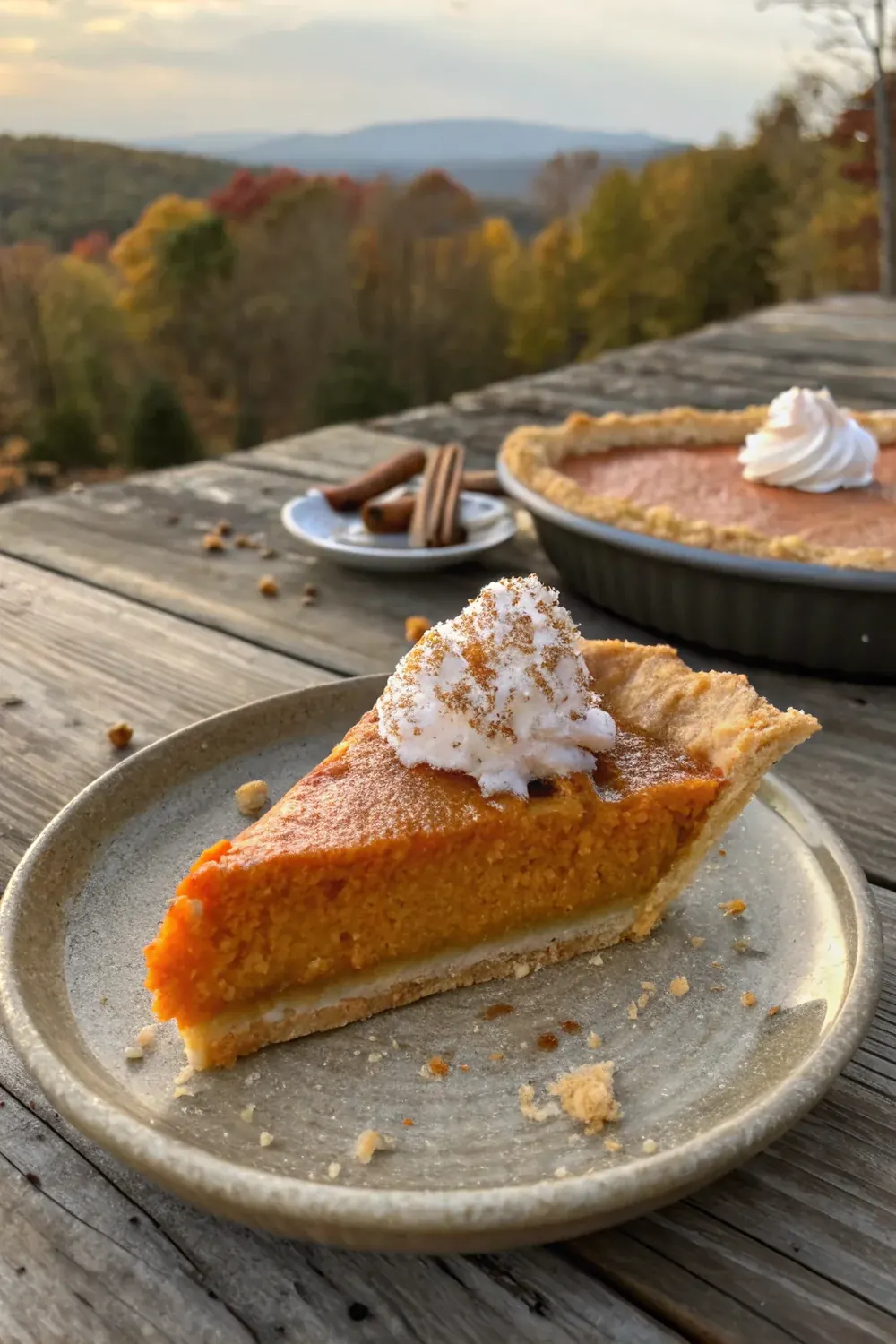 Vertical view of a slice of buttermilk sweet potato pie being lifted from the dish, whipped cream stretching from the slice, pecan halves garnish, dramatic autumn kitchen lighting, Texas Thanksgiving aesthetic
