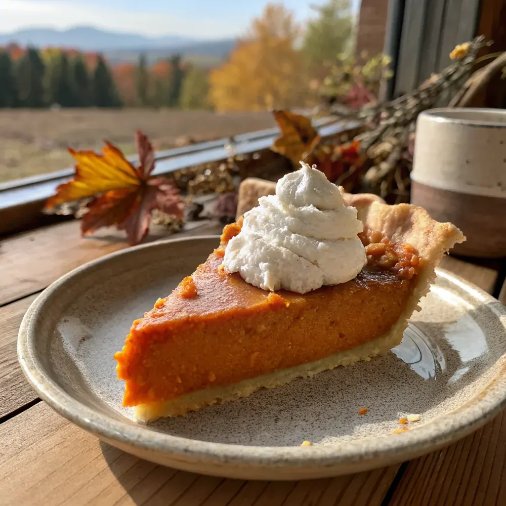 Overhead view of a whole buttermilk sweet potato pie cooling on a wooden board with a fluted crust edge crimped, deep orange filling visible from above, flake salt scattered, autumn kitchen counter