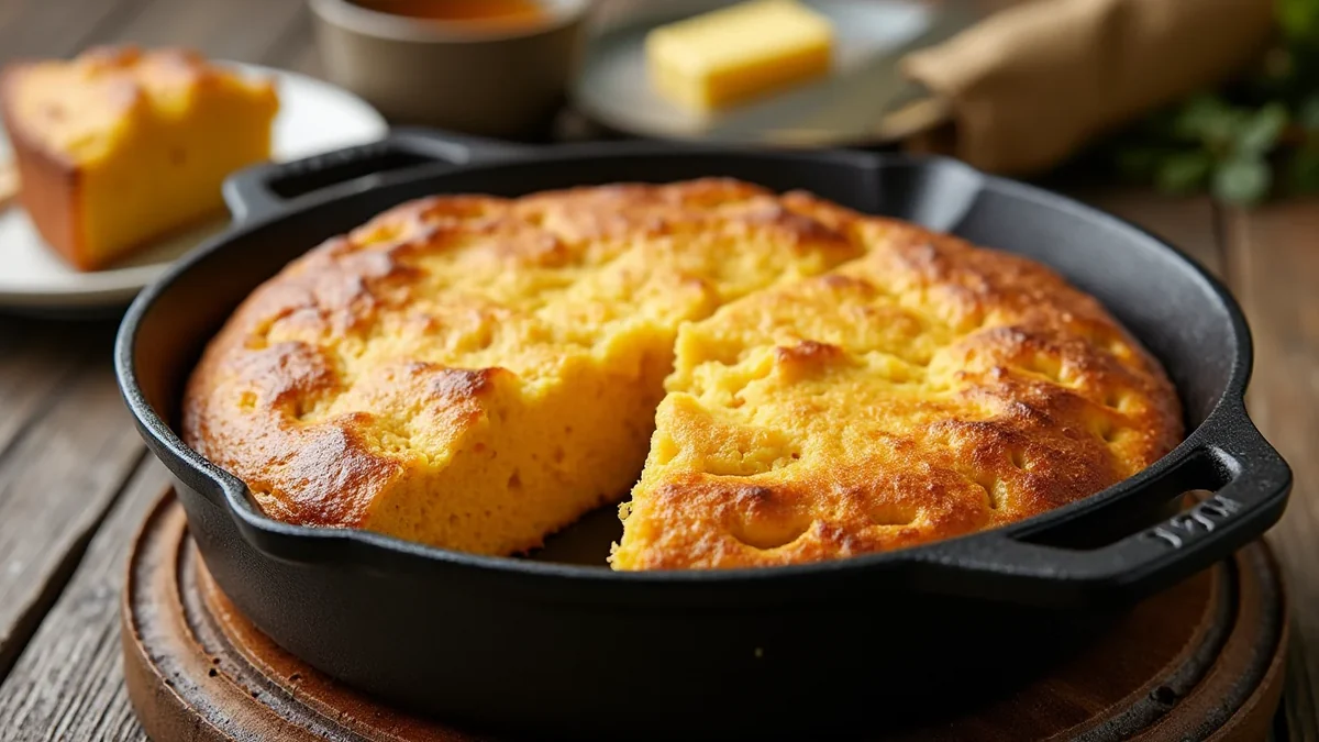 Cast Iron Skillet Cornbread recipe by Chef Mia, photographed in a natural light Texas kitchen
