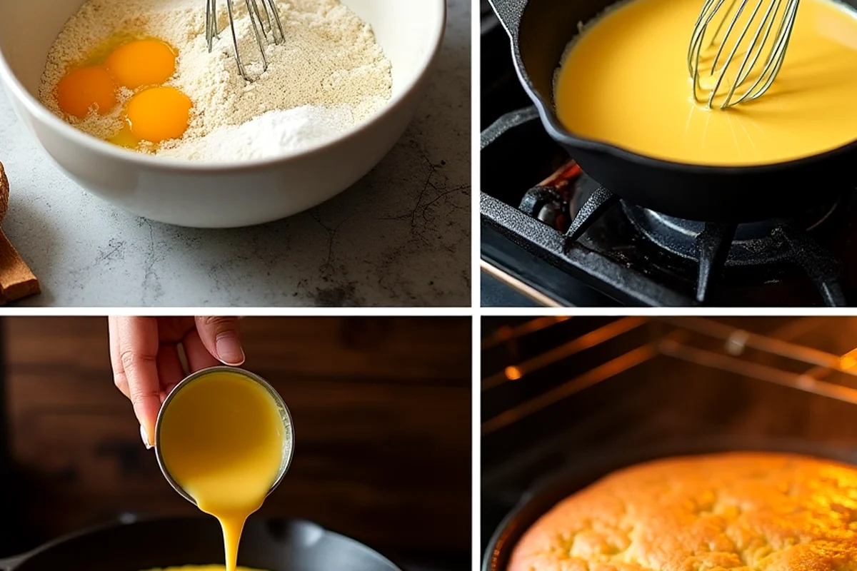 Close-up of cast iron skillet cornbread showing texture, color, and serving detail