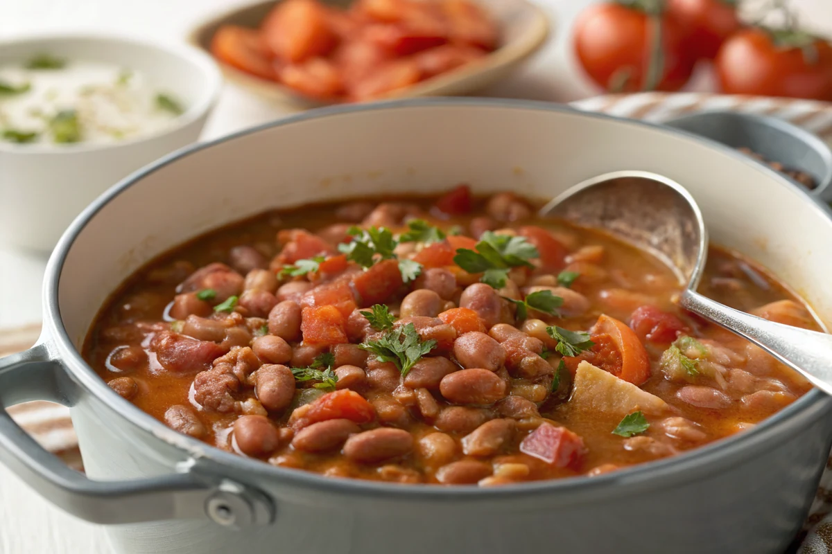 Close-up of charro beans in a heavy pot showing loose brothy liquid, whole tender pinto beans, orange chorizo crumbles and diced tomato