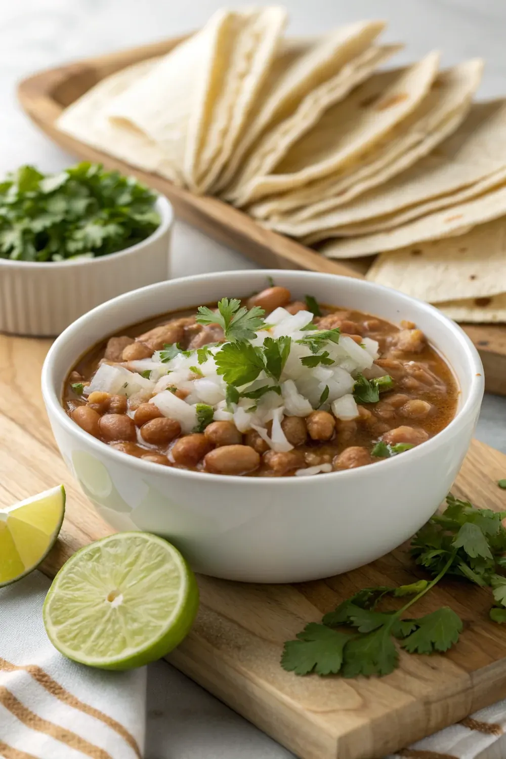 Vertical shot of a deep bowl of brothy charro beans topped with cilantro and diced white onion, warm tortillas and a wedge of lime alongside on a wooden table