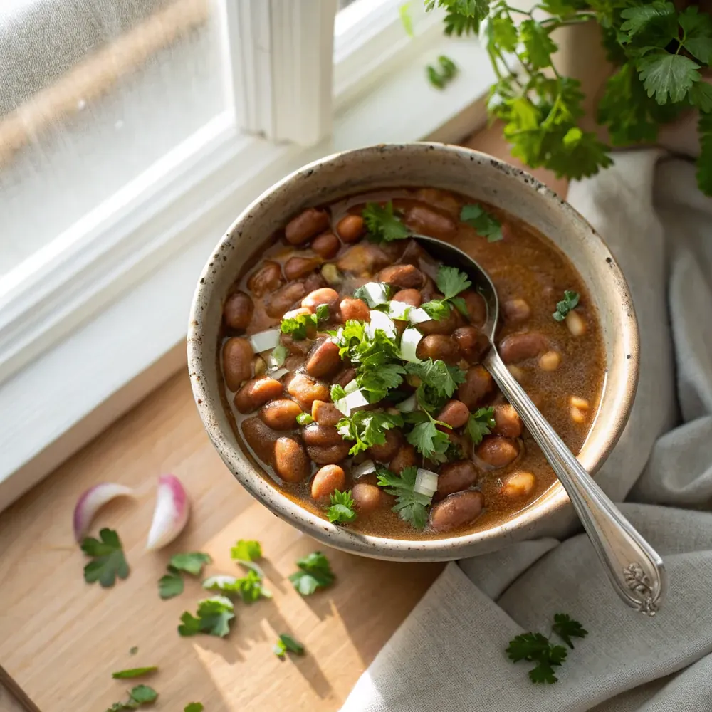 Overhead view of a rustic bowl of charro beans with a spoon resting in the broth, cilantro and diced onion scattered across the surface
