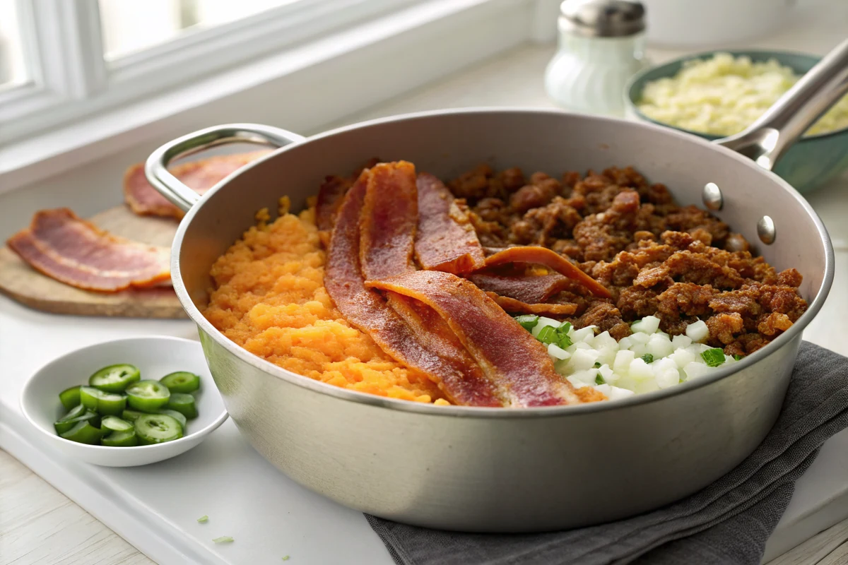 Heavy pot with rendered bacon strips and browned crumbled chorizo in glistening orange fat, diced white onion and jalapeno being stirred in