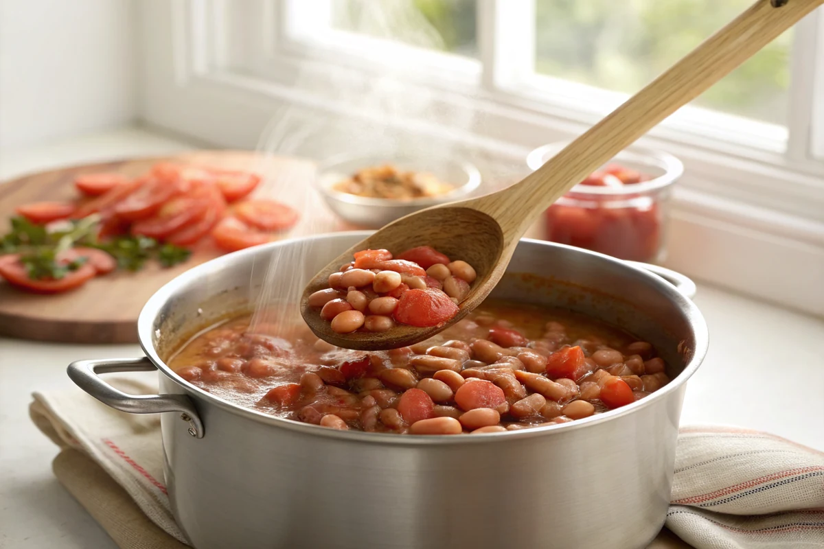 Pot of simmering pinto beans in loose broth with a wooden spoon lifting some beans, diced tomato just stirred through, gentle steam rising