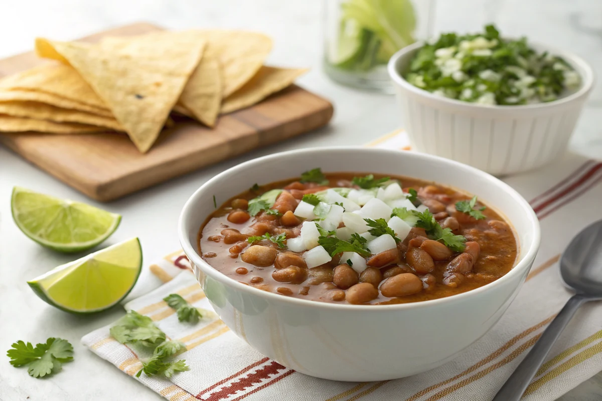 Bowl of finished charro beans in loose broth topped with raw diced white onion and chopped cilantro, warm tortillas and lime wedges beside it