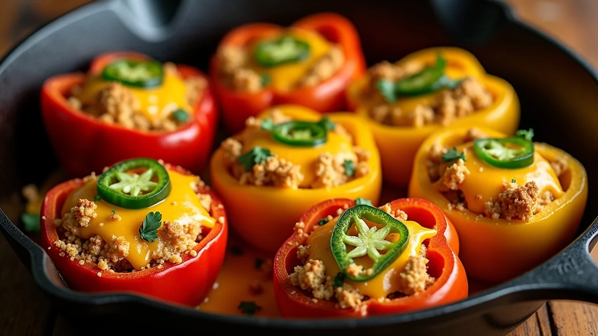 Six halves of cheese stuffed bell peppers in a cast iron skillet bubbling with melted Monterey Jack, cheddar, queso fresco, and cotija, golden cornbread crumble crust visible on top