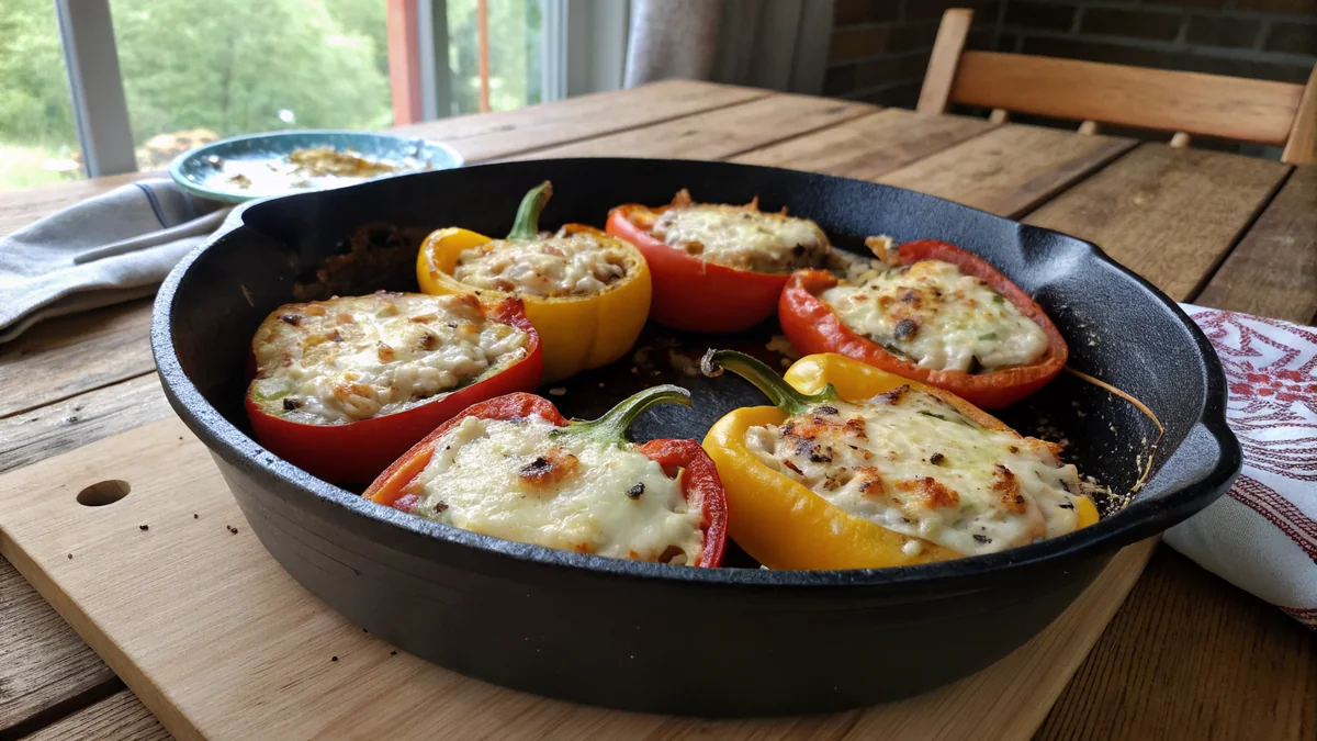Six halves of cheese stuffed bell peppers in a cast iron skillet bubbling with melted Monterey Jack, cheddar, queso fresco, and cotija, golden cornbread crumble crust visible on top