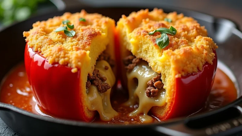 Close-up of a cheese stuffed bell pepper half cut open showing the four-cheese filling melted, brisket bits visible, cornbread crumble topping golden brown