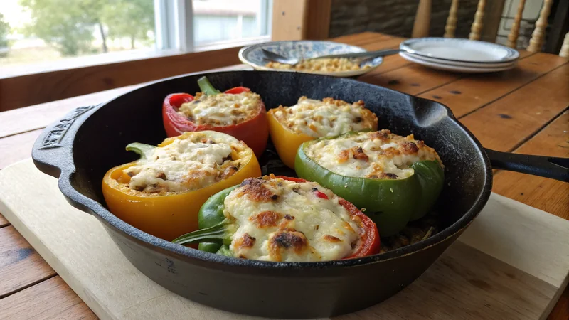 Close-up of a cheese stuffed bell pepper half cut open showing the four-cheese filling melted, brisket bits visible, cornbread crumble topping golden brown