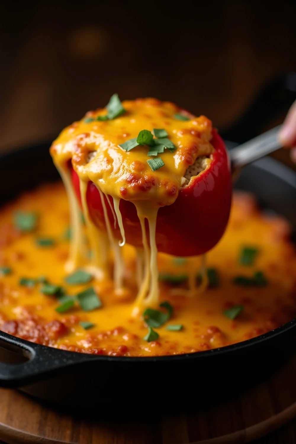 Vertical view of cheese stuffed bell peppers being lifted from a cast iron skillet, cheese stretching from the pan, cornbread crumble visible, Hill Country wooden table
