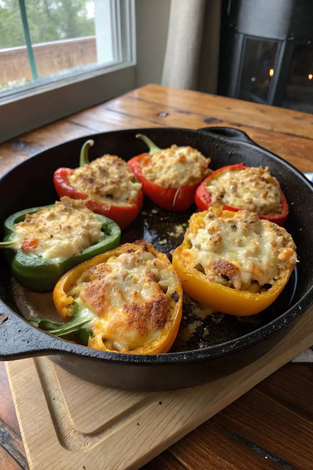 Vertical view of cheese stuffed bell peppers being lifted from a cast iron skillet, cheese stretching from the pan, cornbread crumble visible, Hill Country wooden table