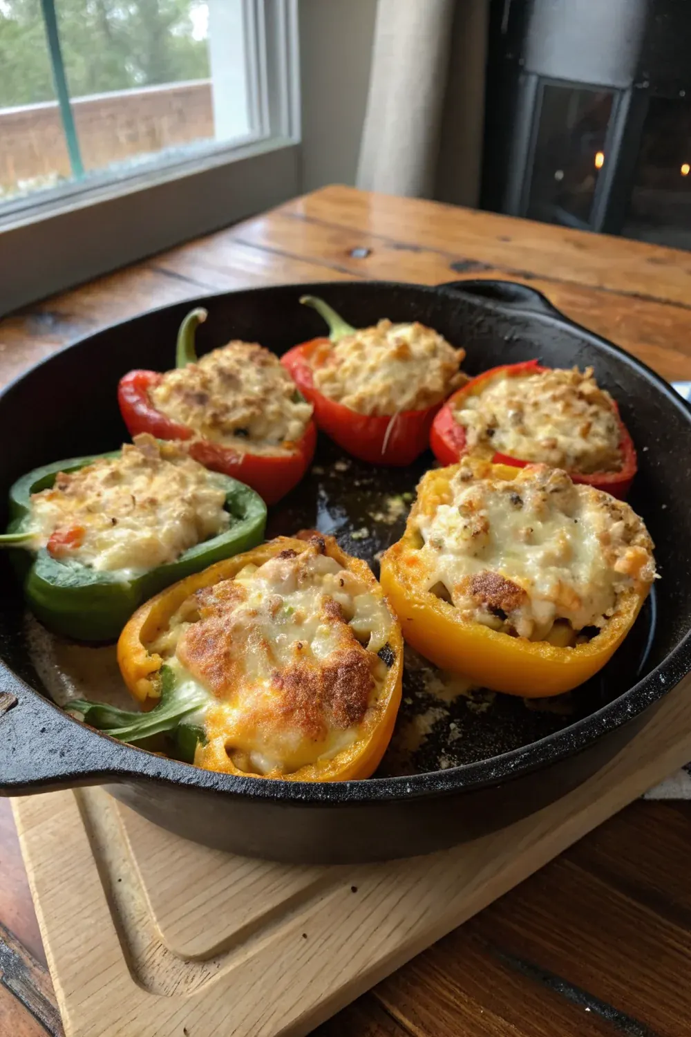 Vertical view of cheese stuffed bell peppers being lifted from a cast iron skillet, cheese stretching from the pan, cornbread crumble visible, Hill Country wooden table