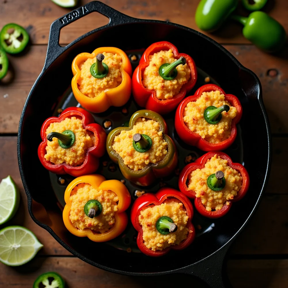 Overhead view of a cast iron skillet with six halved stuffed peppers, melted cheese bubbling, cornbread crumble browned, jalapeño slices and cilantro garnish