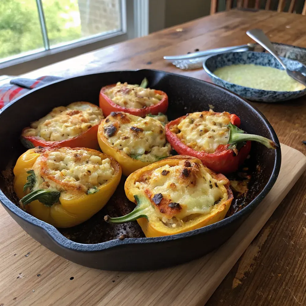 Overhead view of a cast iron skillet with six halved stuffed peppers, melted cheese bubbling, cornbread crumble browned, jalapeño slices and cilantro garnish
