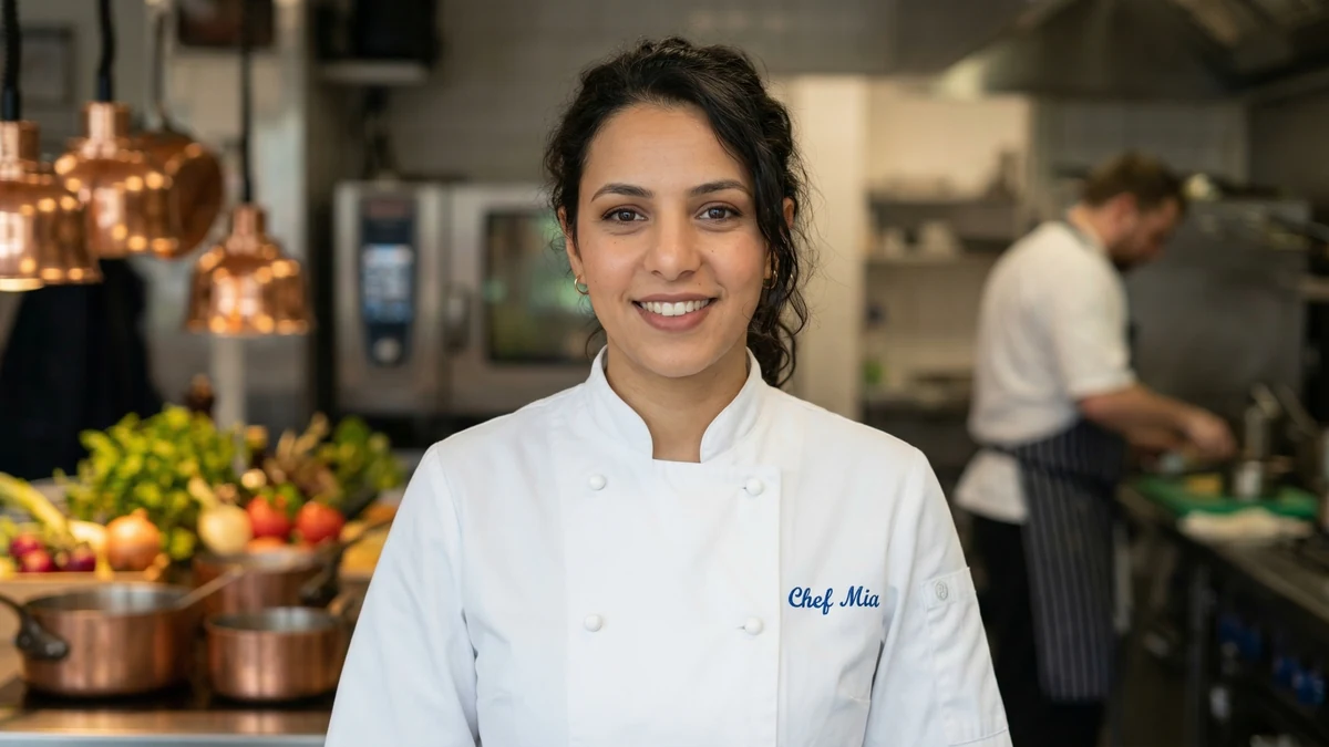 Chef Mia Hantout in a professional kitchen