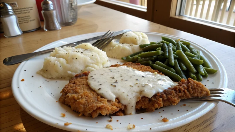 Close-up of chicken-fried steak crust being cut with a fork, golden double-dredged breading flaking off, white cream gravy with visible black pepper